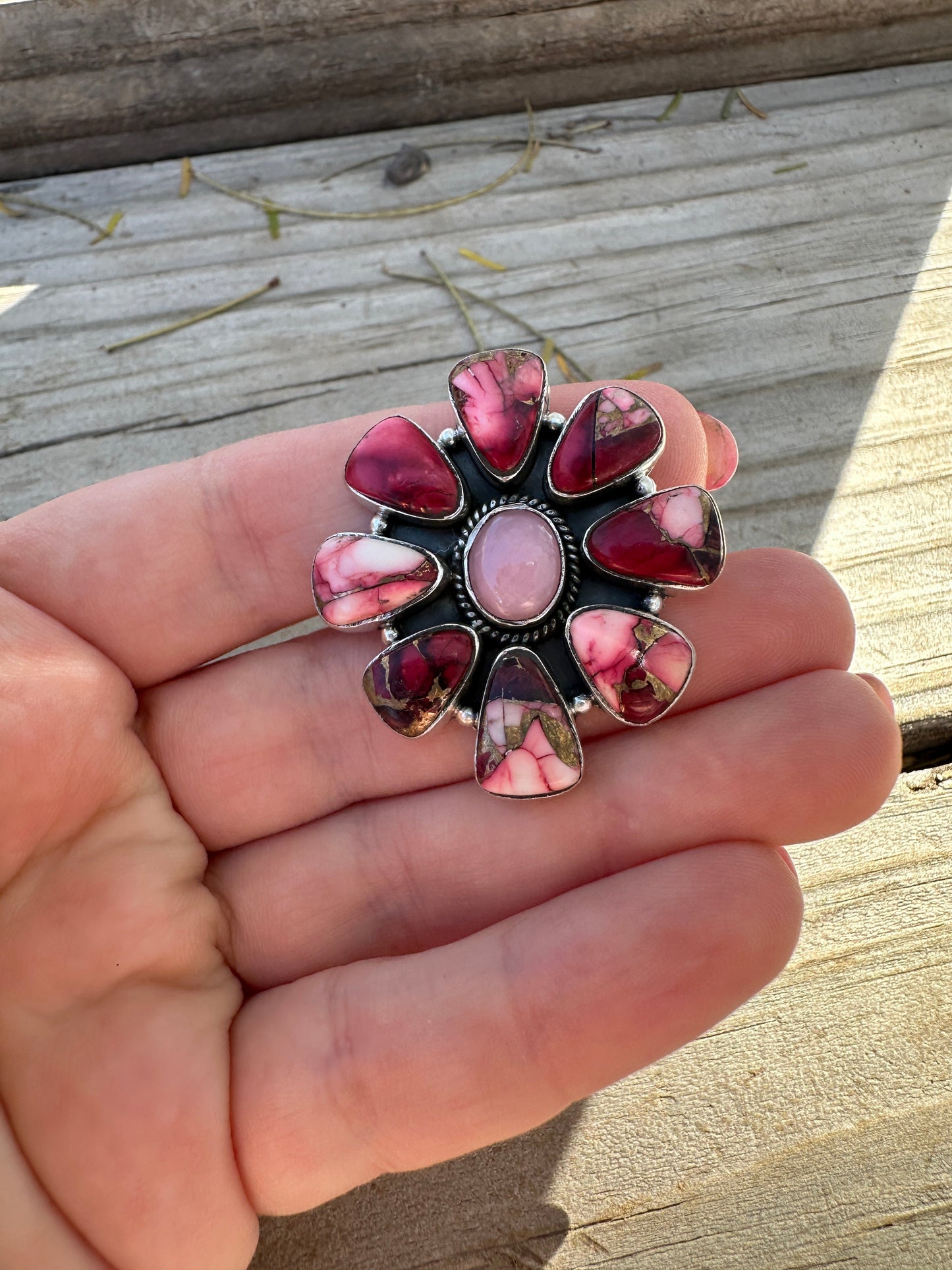 Beautiful Handmade Dahlia Rose, Pink Opal And Sterling Silver Adjustable Cluster Ring