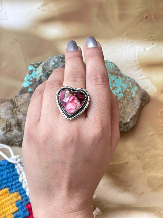 Beautiful Handmade Dahlia Rose And Sterling Silver Adjustable Heart Ring