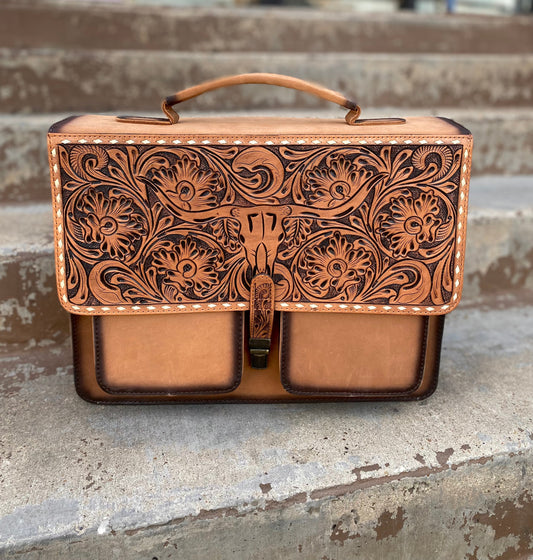 Burn Tooled Longhorn Leather briefcase