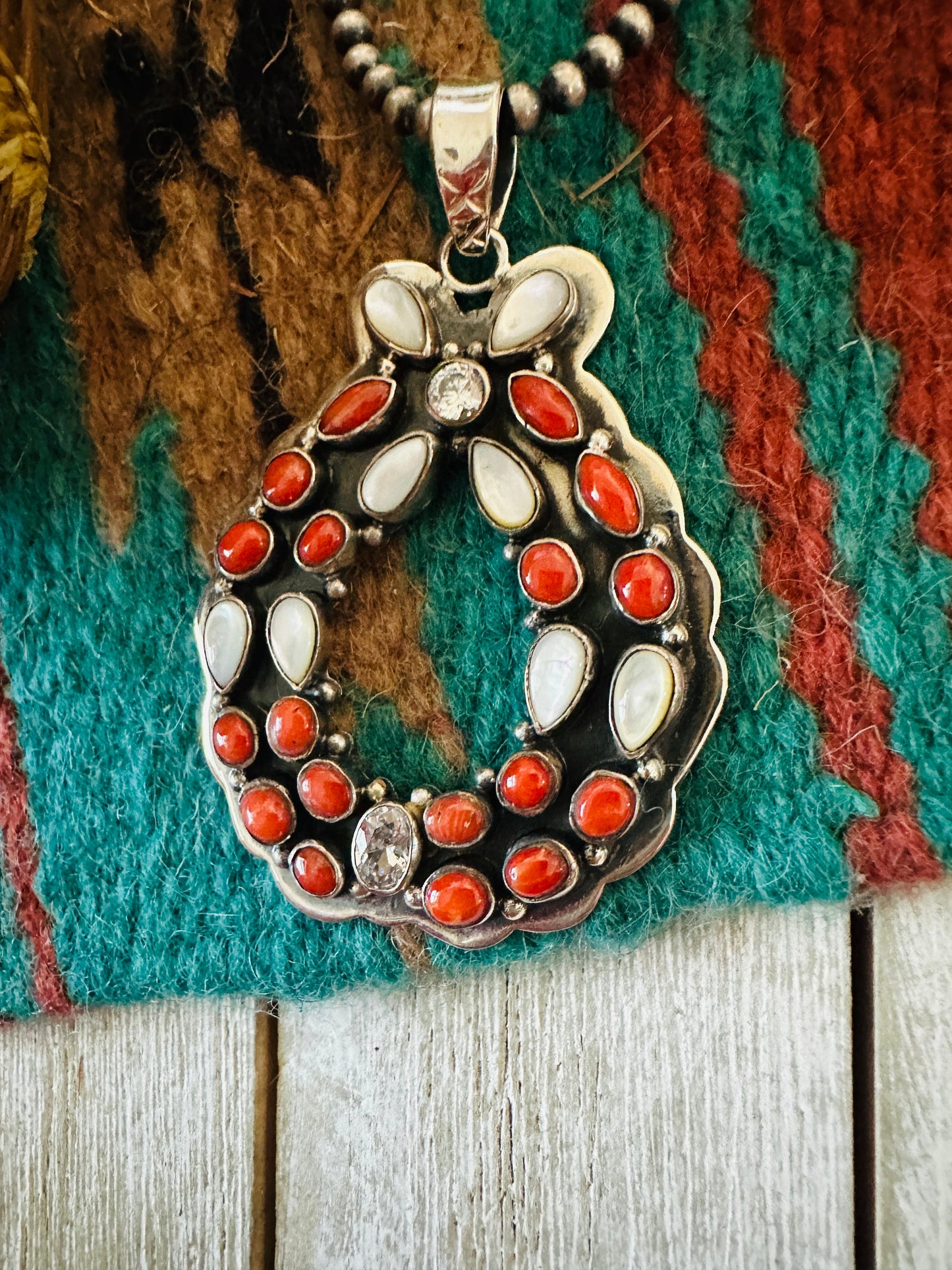 ** Christmas Collection ** Handmade Sterling Silver, Coral, Mother of Pearl & CZ Wreath Pendant Signed Nizhoni