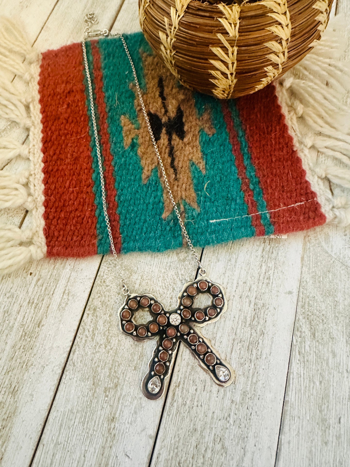 ** Christmas Collection ** Handmade Sterling Silver, Mother of Pearl & CZ Bow Necklace Signed Nizhoni