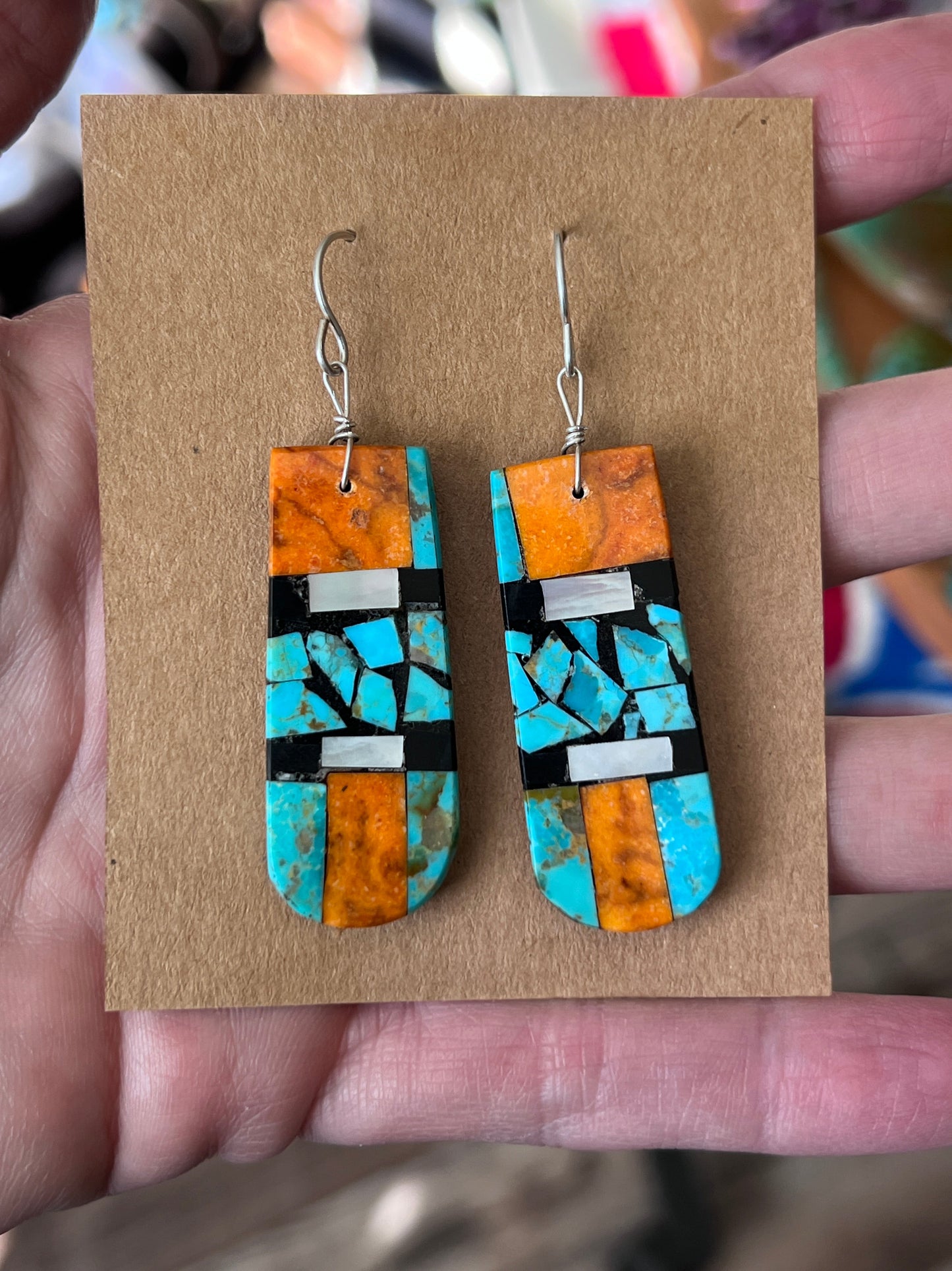Handcrafted Inlay Turquoise and Apple Coral Thunderbird Tab Necklace & Earrings Set by Warren Nieto