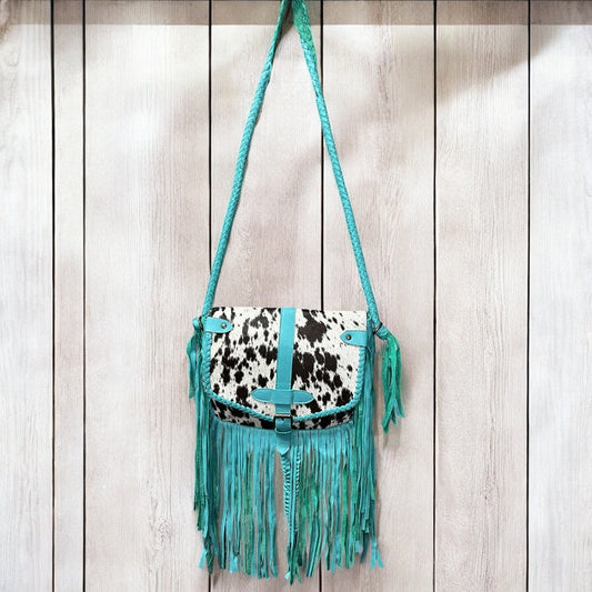 Turquoise cowhide fringe crossbody bag