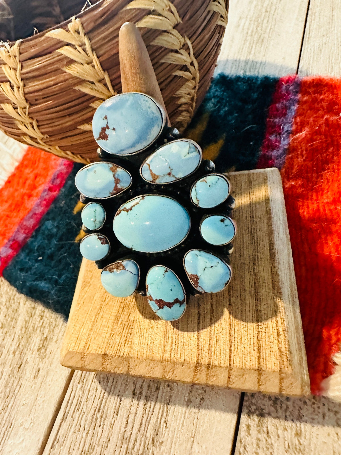 Handcrafted Golden Hills Turquoise & Sterling Silver Cluster Ring Size 8.25 by B. Yellowhorse