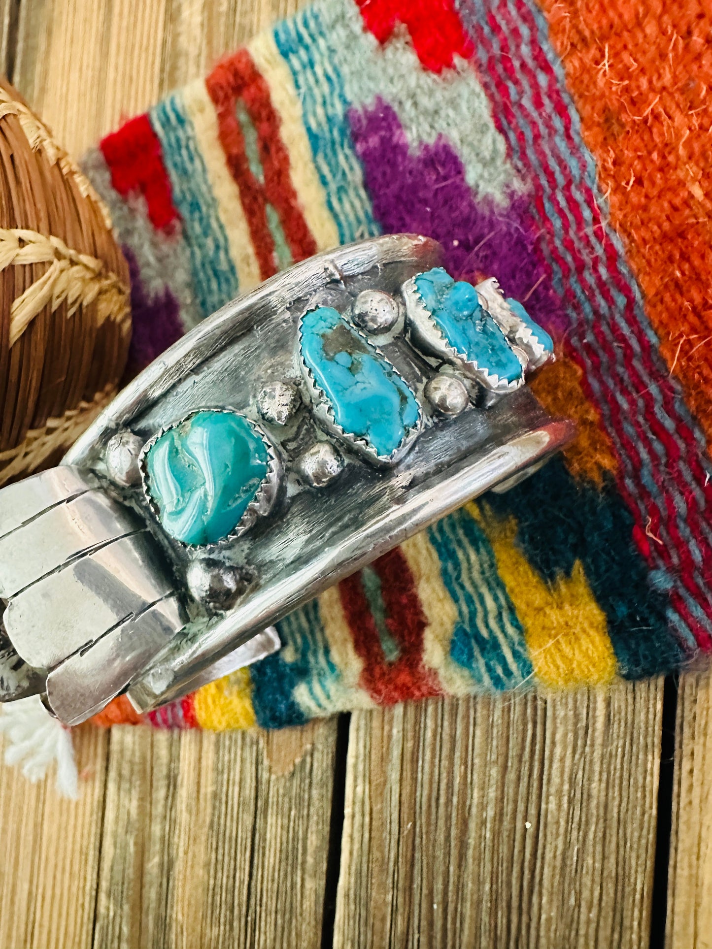 Handcrafted Old Pawn Turquoise & Sterling Silver Watch Cuff Bracelet