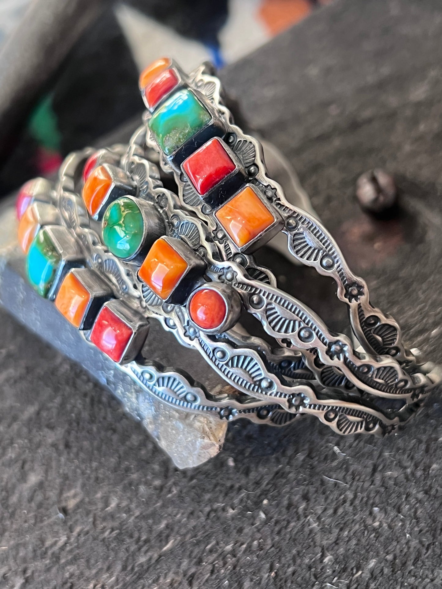 Handcrafted Electric Rainbow Sterling Silver, Sonoran Mountain Turquoise and Spiny Oyster Stacker Cuff Bracelets by Raymond Coriz