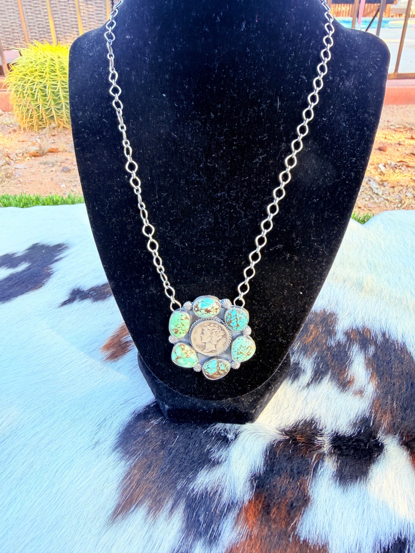 Handcrafted Number 8 Turquoise & Sterling Silver Liberty Dime Necklace by Sheila Tso