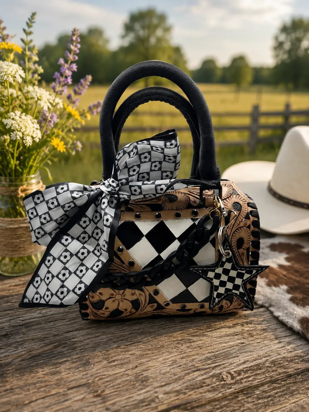 Luxe Tooled Leather Starry Night Rhinestone Stud Checkered Speedy Bag
