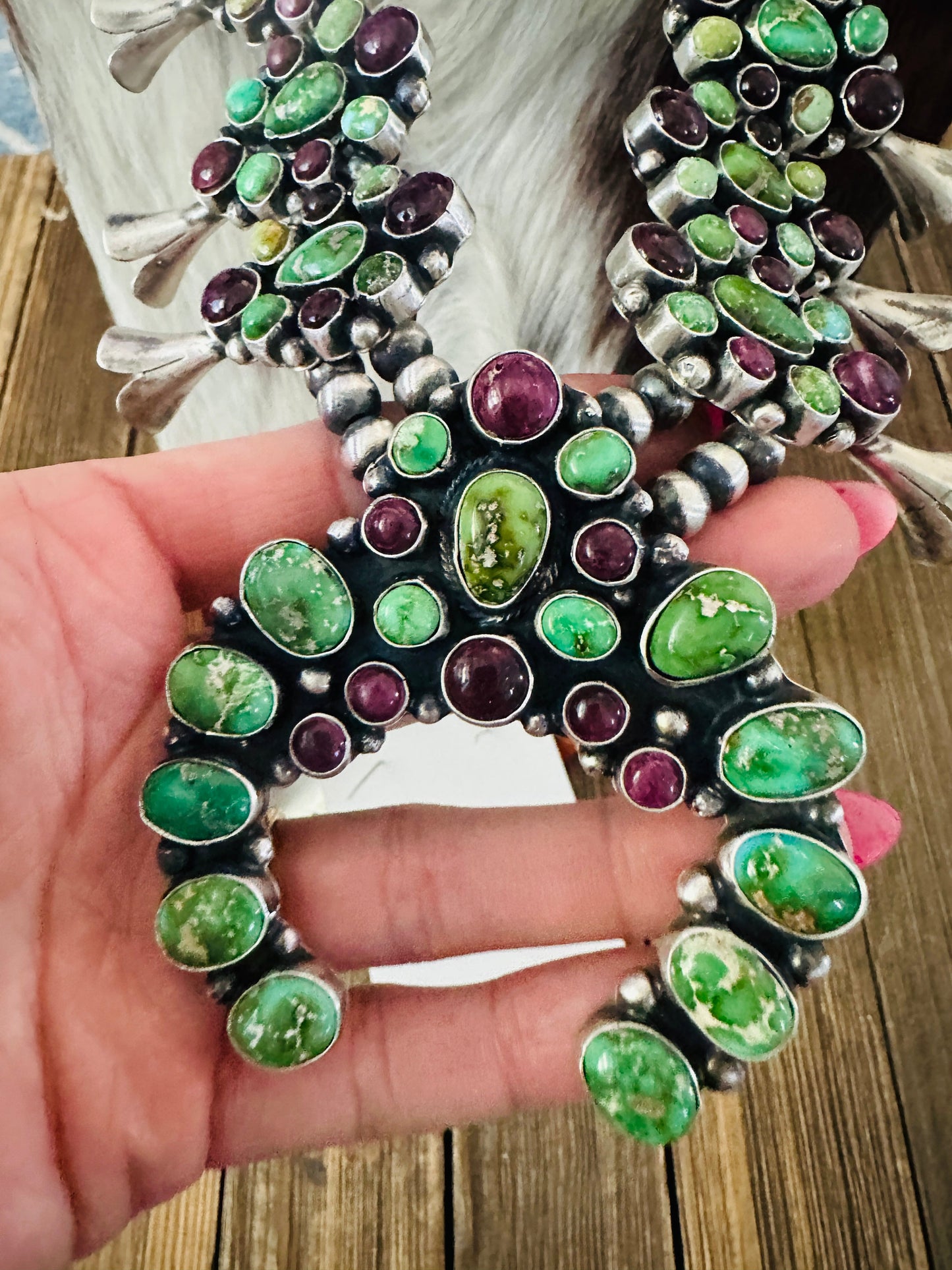 Handcrafted Sterling Silver, Turquoise & Spiny Oyster Squash Blossom Necklace Set by Louise Jim