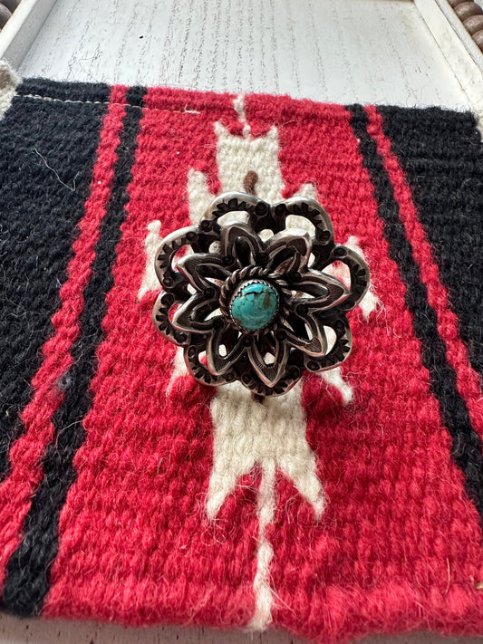 Gorgeous Handcrafted Turquoise And Sterling Silver Adjustable Flower Ring Signed K Billah