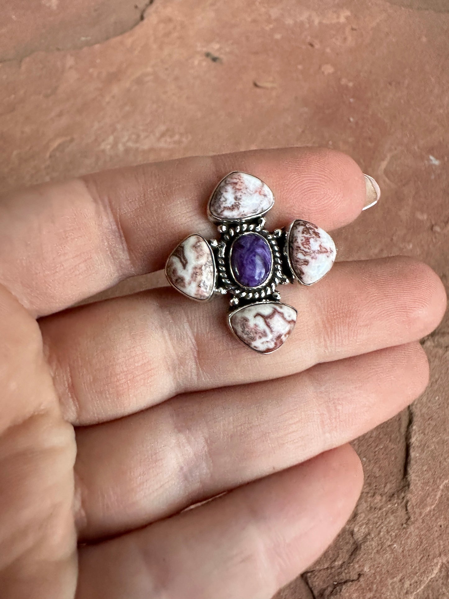 Beautiful Handmade Charorite, Agate And Sterling Silver Adjustable Ring