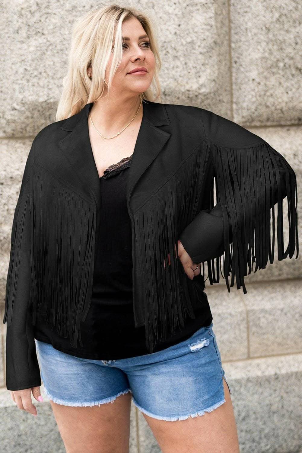 Fringed open jacket for plus sizes
