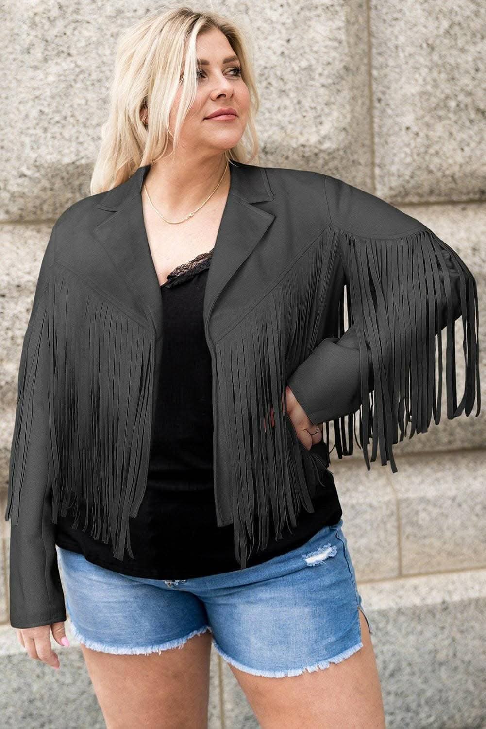 Fringed open jacket for plus sizes