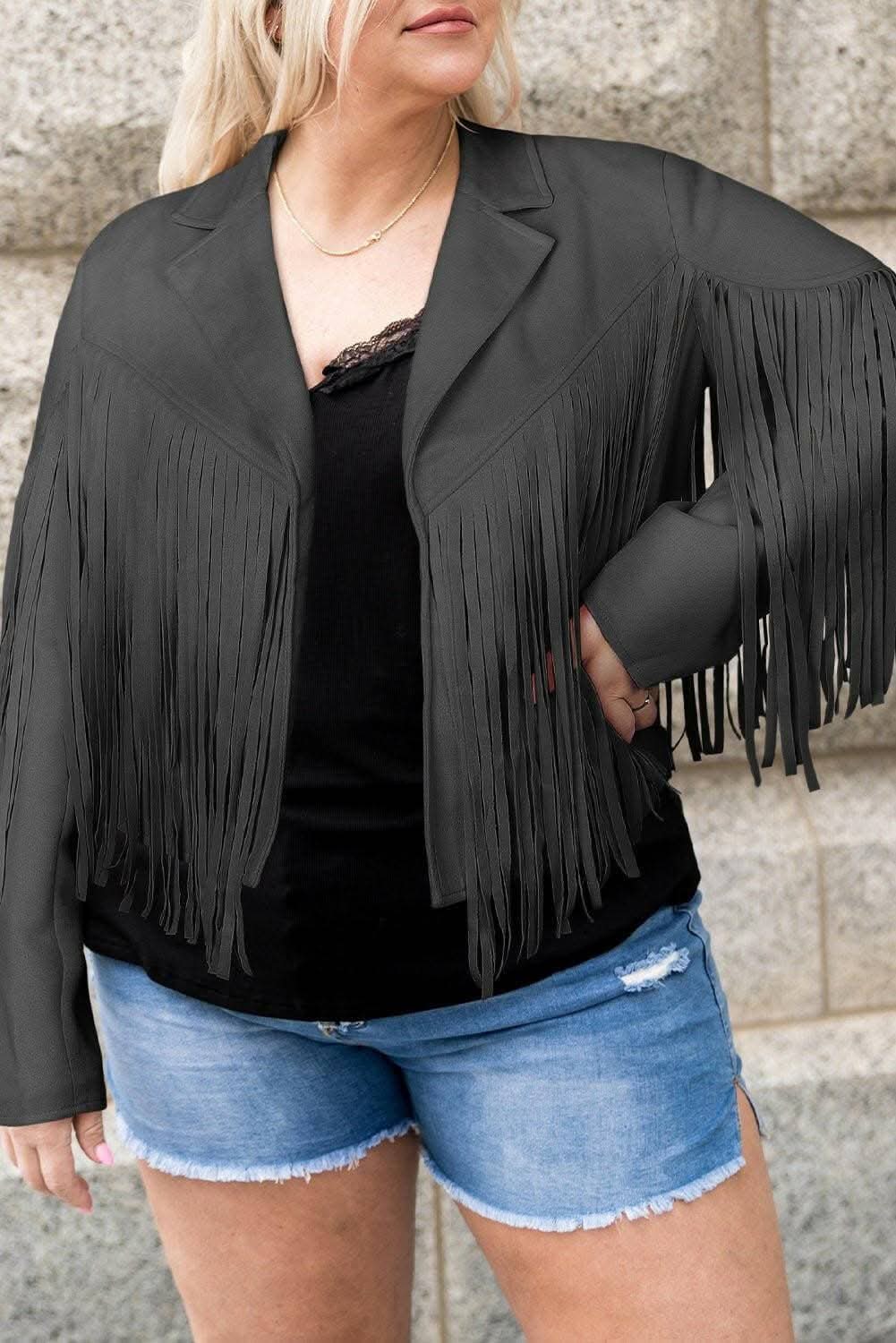 Fringed open jacket for plus sizes