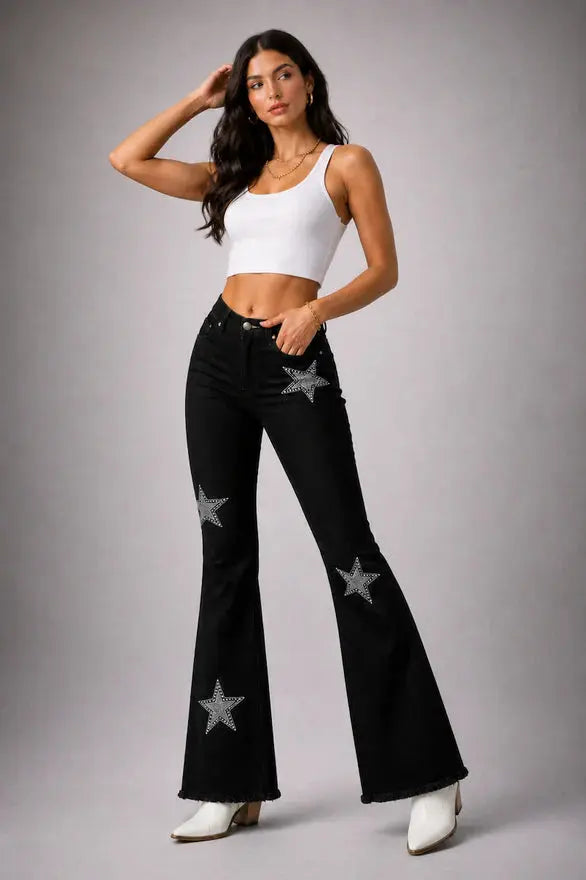 Black Denim Star Rhinestone Bell Bottom Jeans -32” Inseam