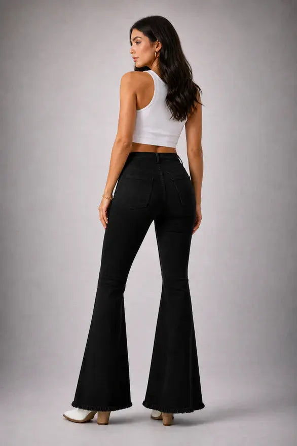 Black Denim Star Rhinestone Bell Bottom Jeans -32” Inseam