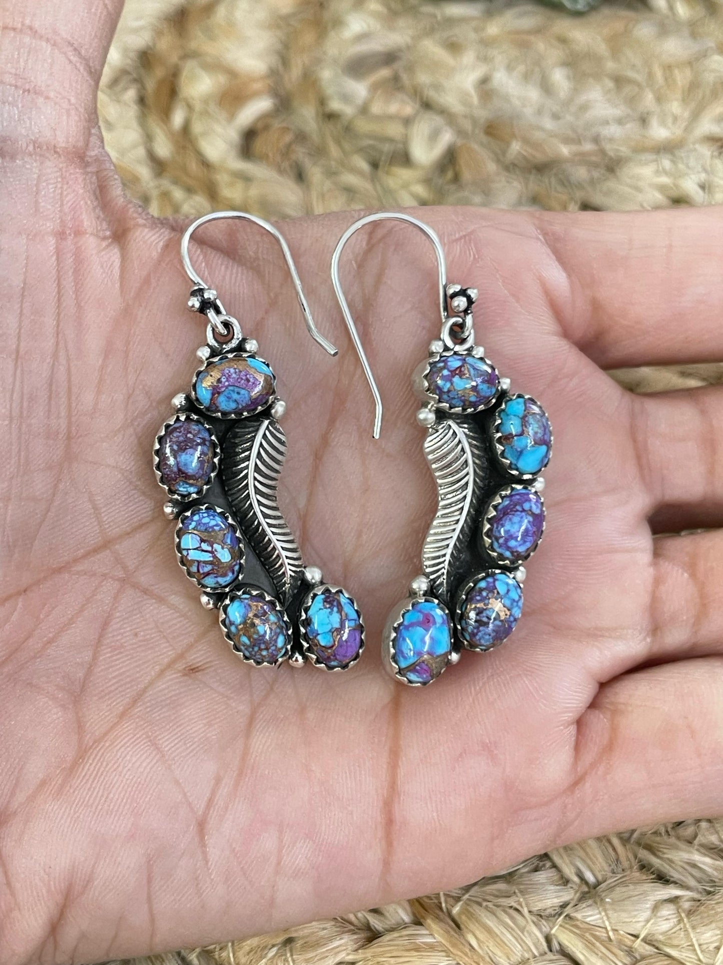Handmade Sterling Silver Purple Kingman Mojave, Orange Mojave, Thulite, Kingman, Wild Horse Dangle Earrings with Signed Nizhoni