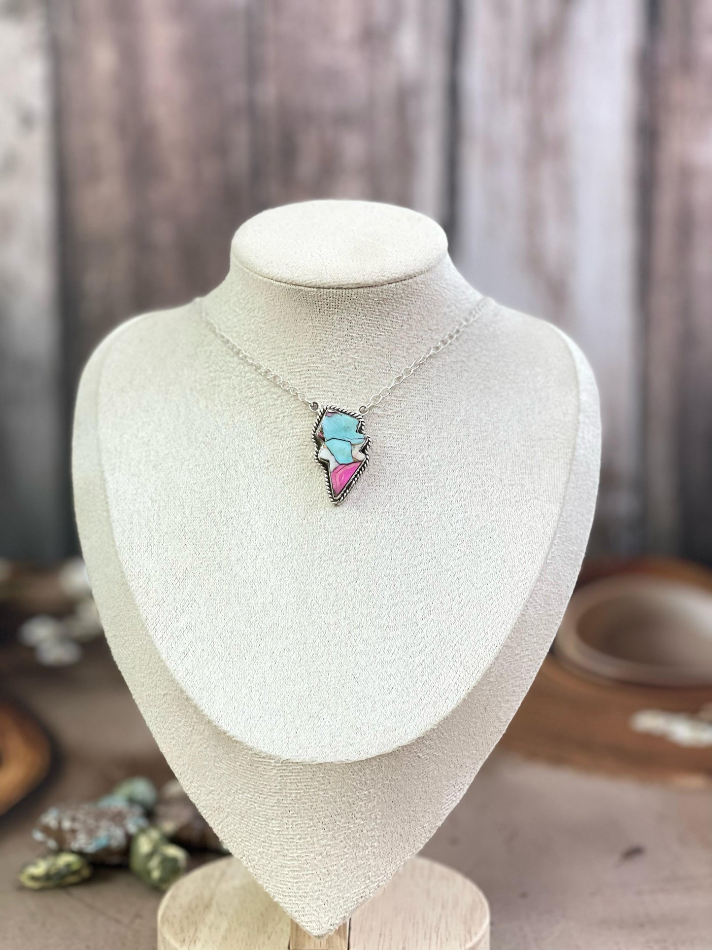 Handmade Sterling Silver Multi Gemstone Lightening Bolt Necklace with Signed Nizhoni