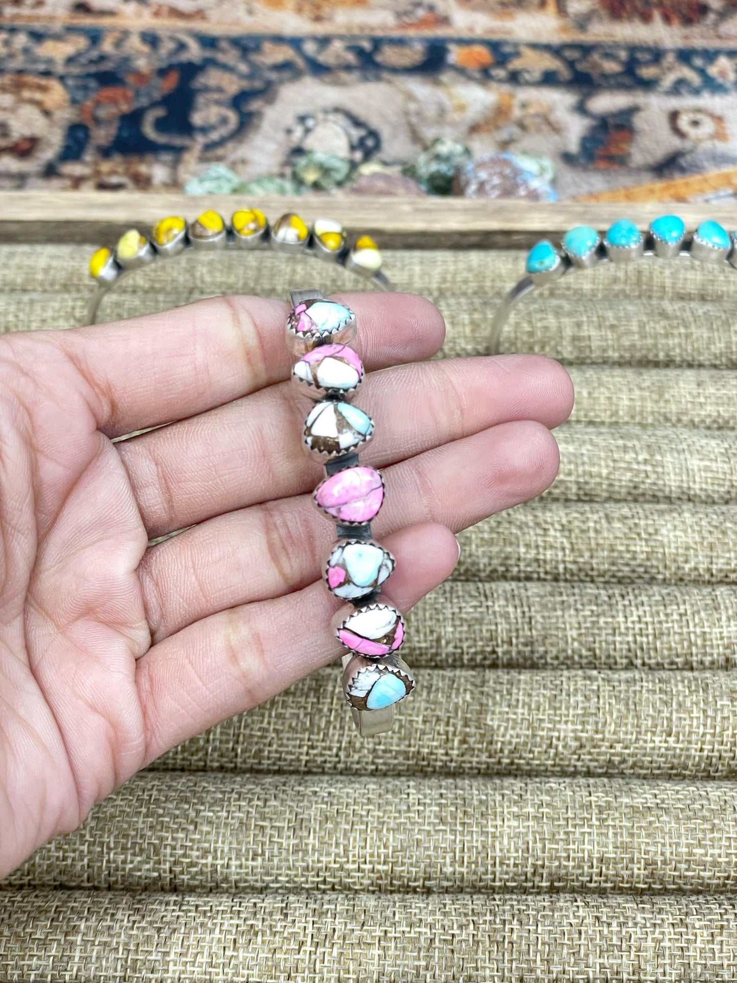 Handmade Sterling Silver Dahlia Rose, Honey Dahlia, Kingman Turquoise, Wild Horse, Cotton Candy Turquoise Cuff Bracelet with Signed Nizhoni