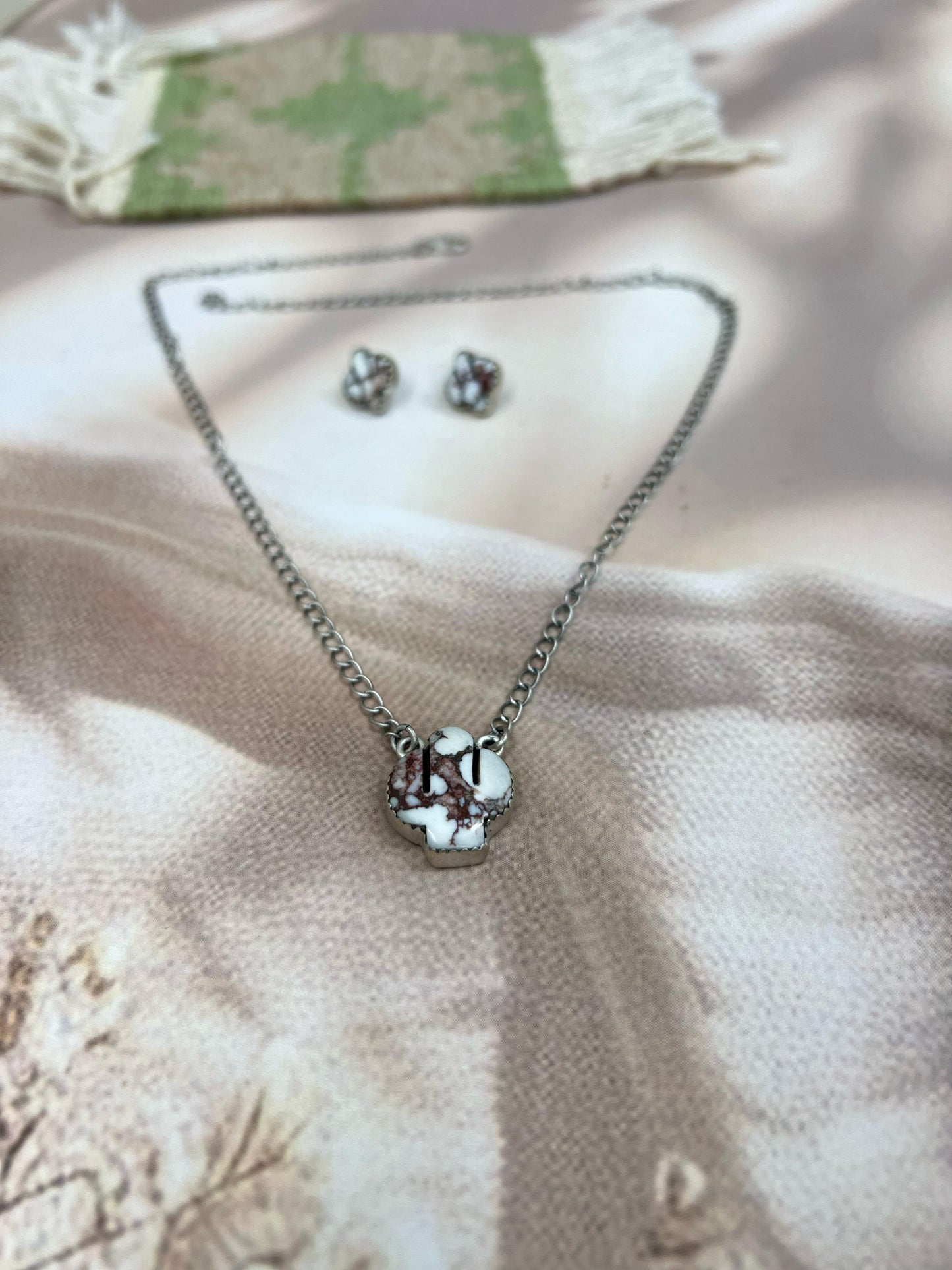 Handmade Sterling Silver Wild Horse Saguaro Necklace Earrings Set with Signed Nizhoni