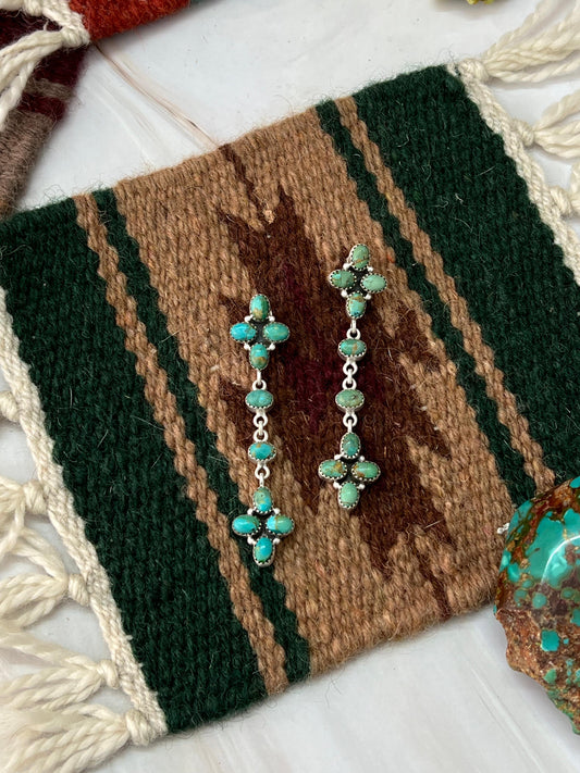 Handmade Sterling Silver Kingman Turquoise Post Dangle Earrings with Signed Nizhoni