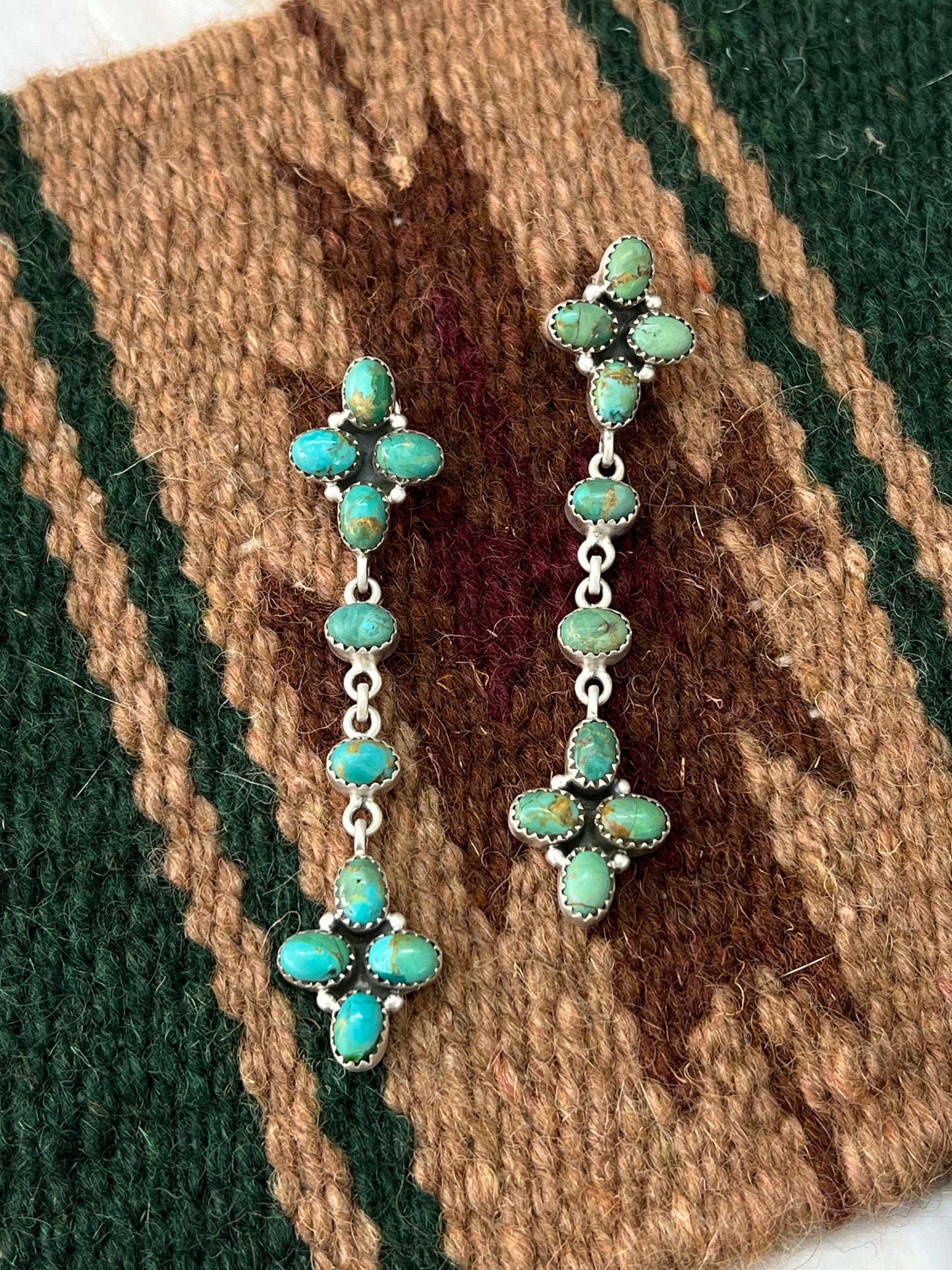 Handmade Sterling Silver Kingman Turquoise Post Dangle Earrings with Signed Nizhoni