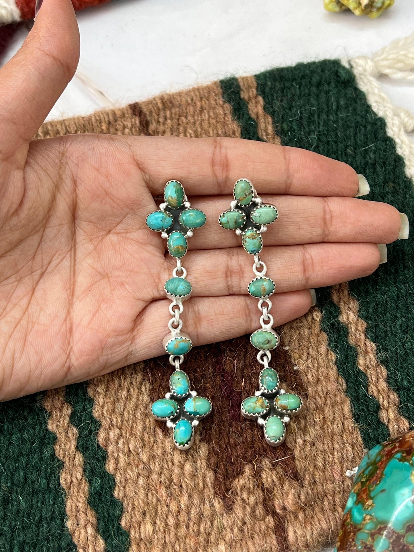 Handmade Sterling Silver Kingman Turquoise Post Dangle Earrings with Signed Nizhoni