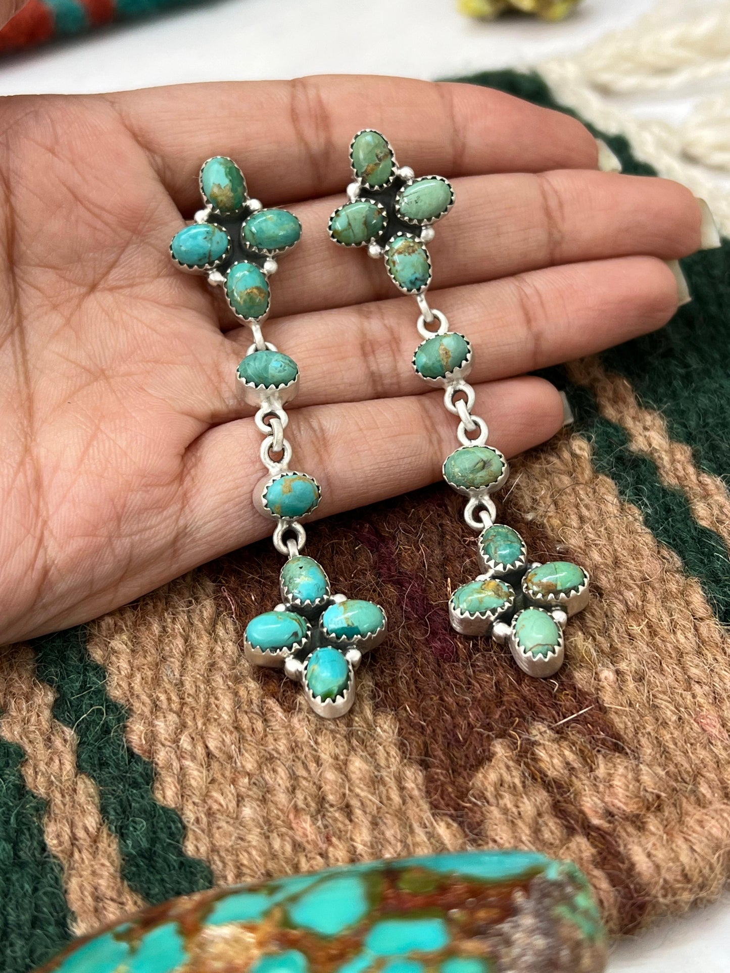 Handmade Sterling Silver Kingman Turquoise Post Dangle Earrings with Signed Nizhoni