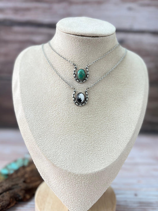 Handmade Sterling Silver Kingman Turquoise, White Buffalo Horse Shoe Necklace with Signed Nizhoni