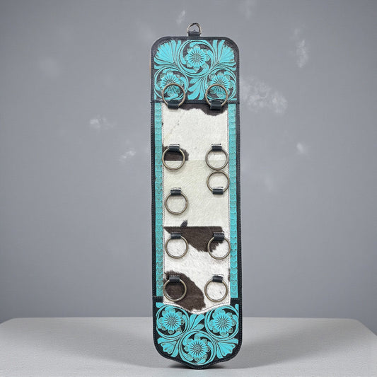 TURQUOISE TOOLED LEATHER & COWHIDE SCARF HOLDER