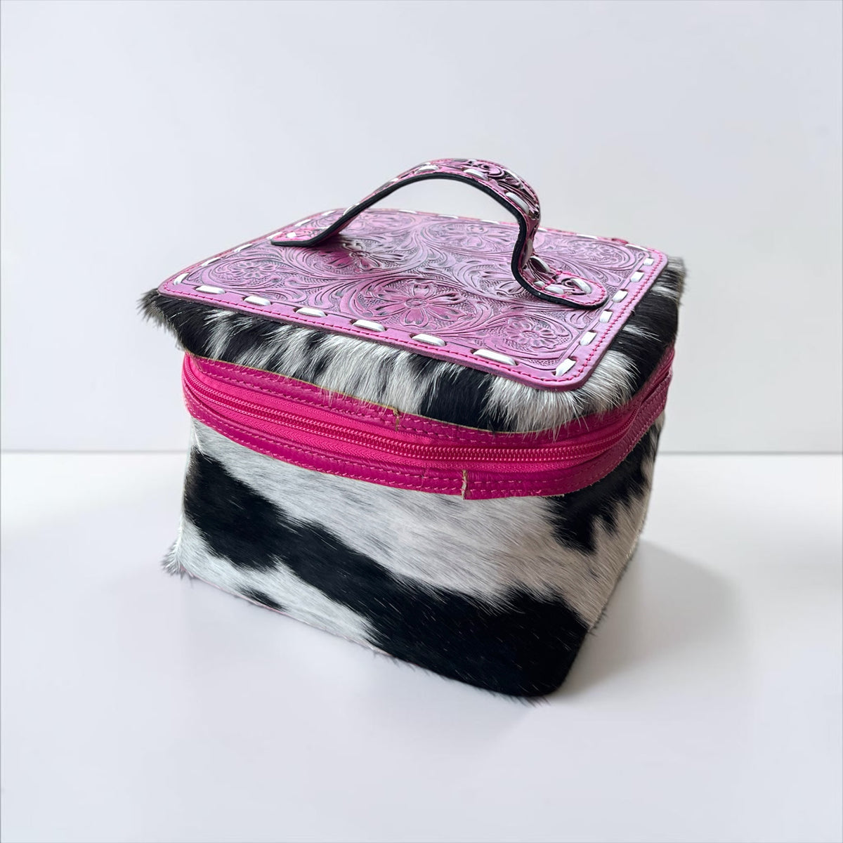 PINK TOOLED LEATHER & COWHIDE MAKEUP BOX