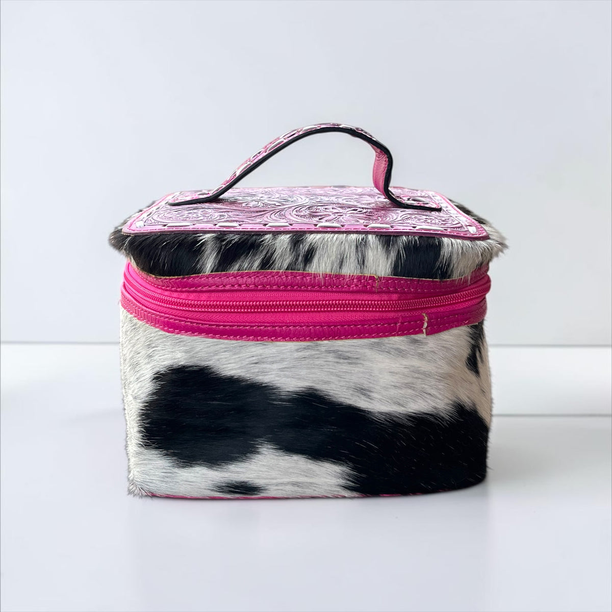 PINK TOOLED LEATHER & COWHIDE MAKEUP BOX