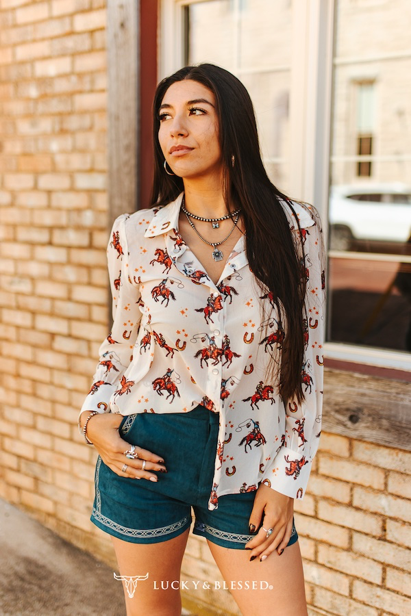 Lucky & Blessed CREAM HORSE CHIFFON BUTTON DOWN PEARL SNAP LONG SLEEVE COLLARED SHIRT PLUS SIZE