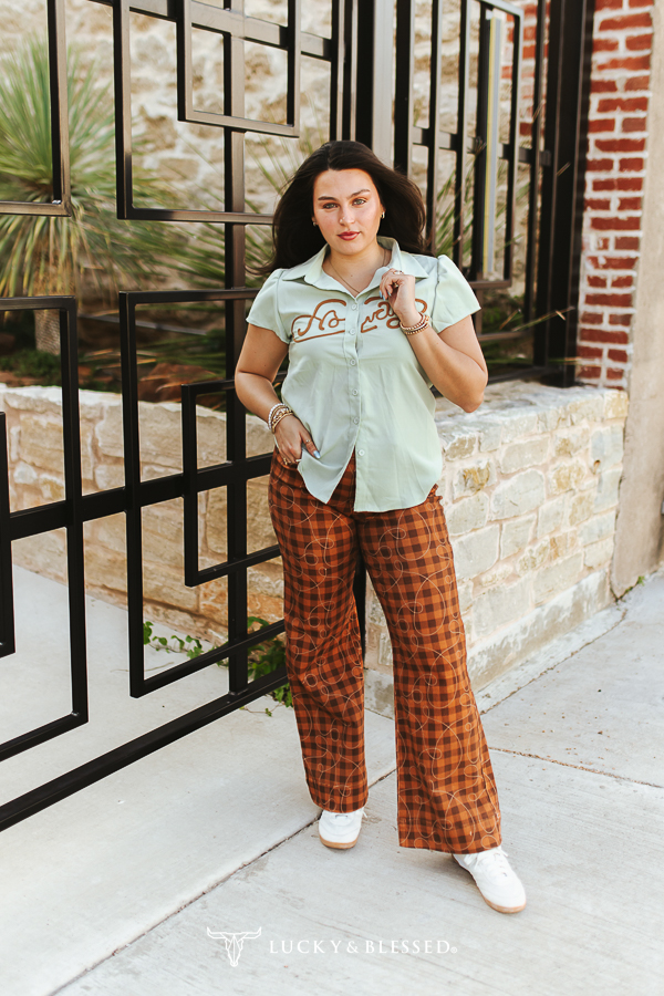 Lucky & Blessed PISTACHIO HOWDY ROPE EMBROIDERED SHORT SLEEVE WESTERN SHIRT PLUS SIZE