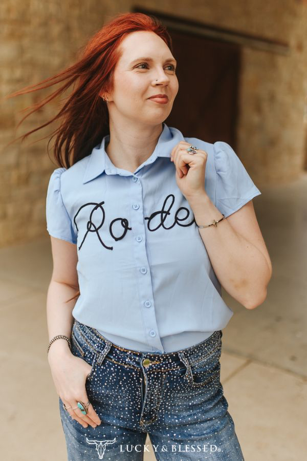 Lucky & Blessed LIGHT BLUE RODEO ROPE EMBROIDERED BUTTON DOWN PUFF SHORT SLEEVE TOP PLUS SIZE