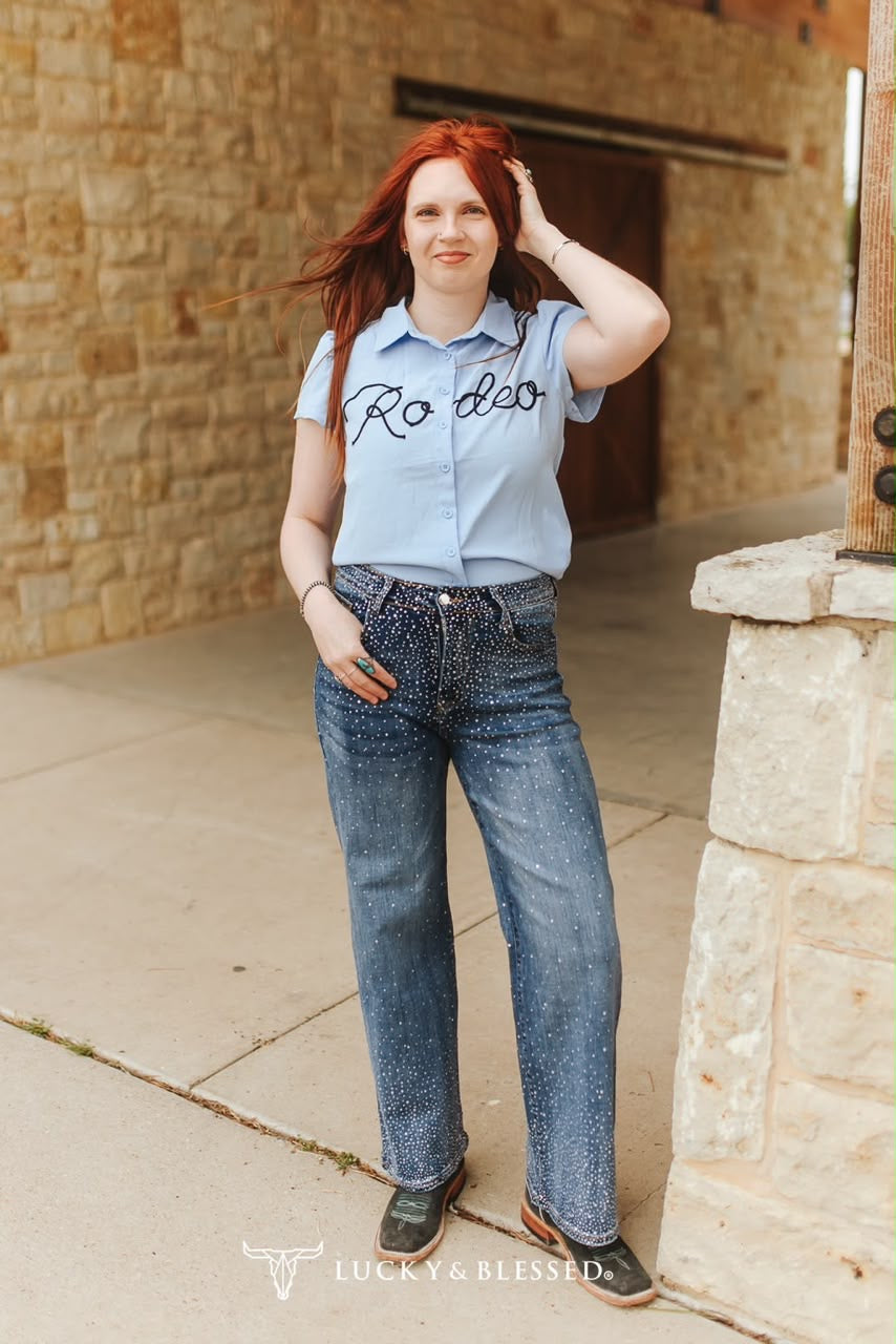 Lucky & Blessed LIGHT BLUE RODEO ROPE EMBROIDERED BUTTON DOWN PUFF SHORT SLEEVE TOP PLUS SIZE