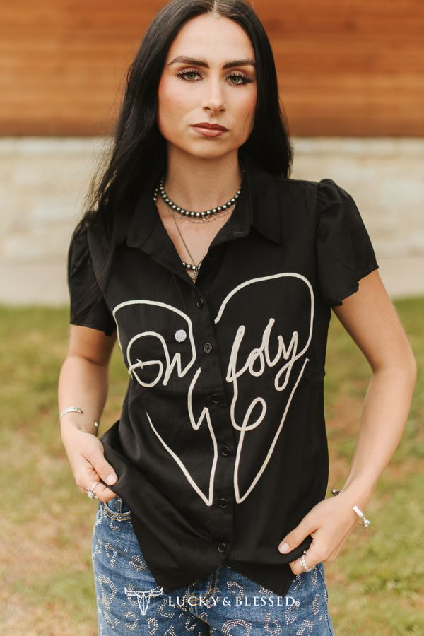 Lucky & Blessed BLACK GIDDY UP ROPE EMBROIDERED BUTTON DOWN PUFF SHORT SLEEVE TOP