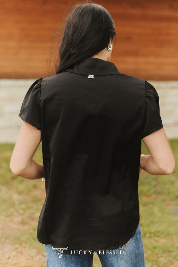Lucky & Blessed BLACK GIDDY UP ROPE EMBROIDERED BUTTON DOWN PUFF SHORT SLEEVE TOP