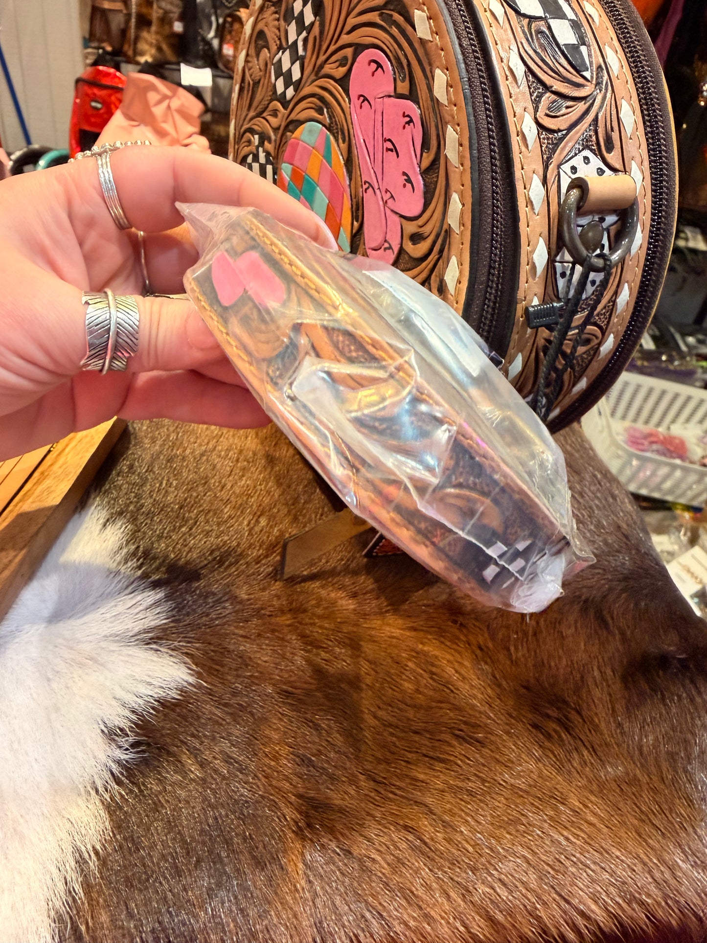 Genuine Leather, Hand Tooled and Hand Painted Canteen Purse Western Disco