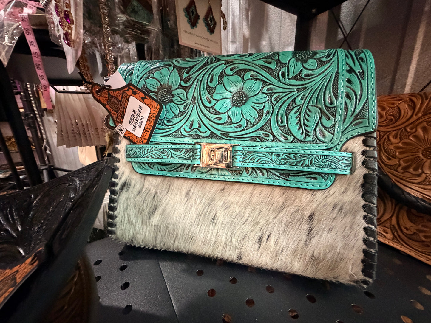 TURQUOISE TOOLED LEATHER & COWHIDE SHOULDER BAG