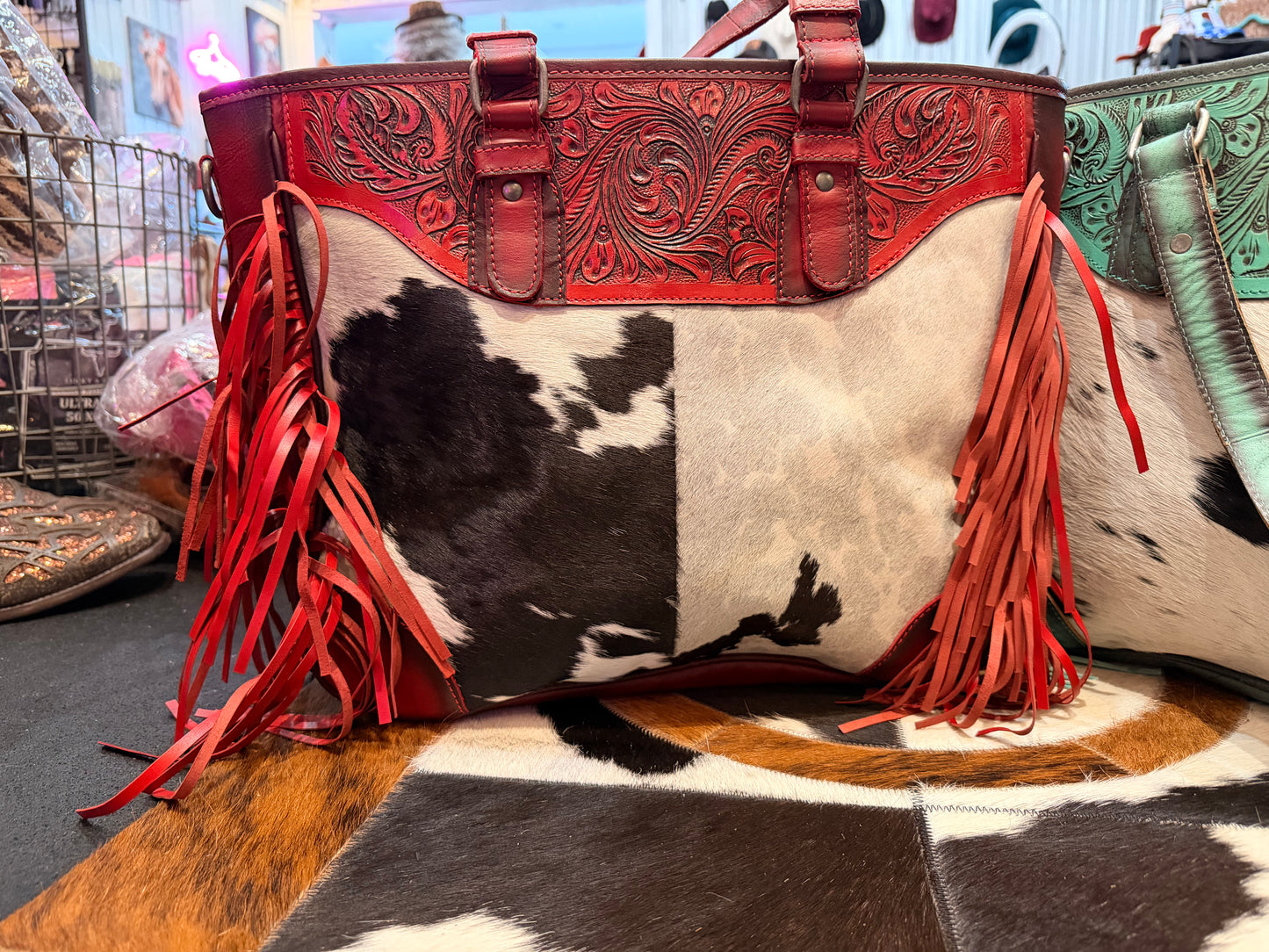 Handcrafted Western cowhide and tooled leather fringe tote bag (Red)