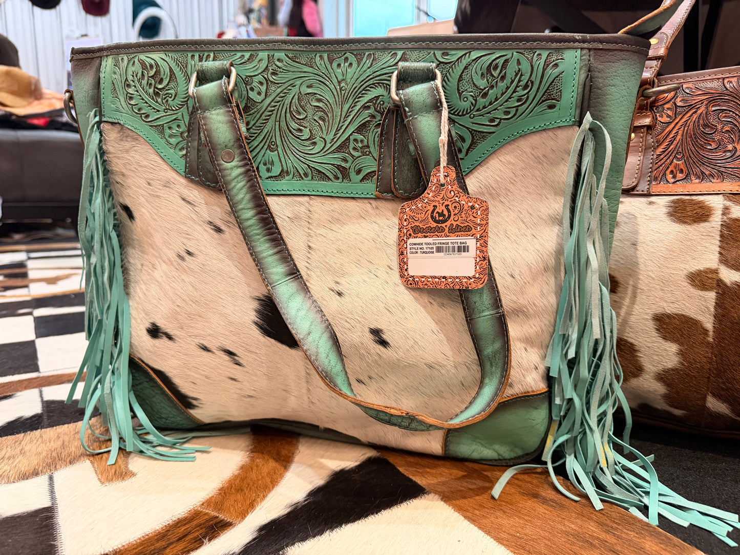 Handcrafted Western cowhide and tooled leather fringe tote bag (Turquoise)
