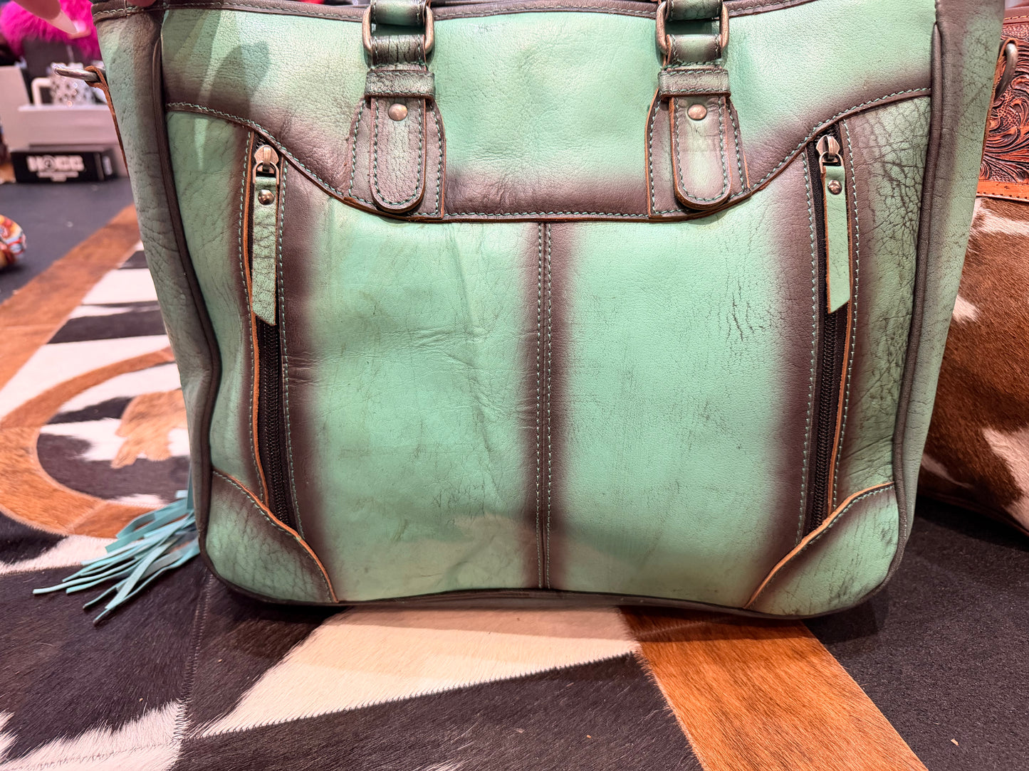 Handcrafted Western cowhide and tooled leather fringe tote bag (Turquoise)