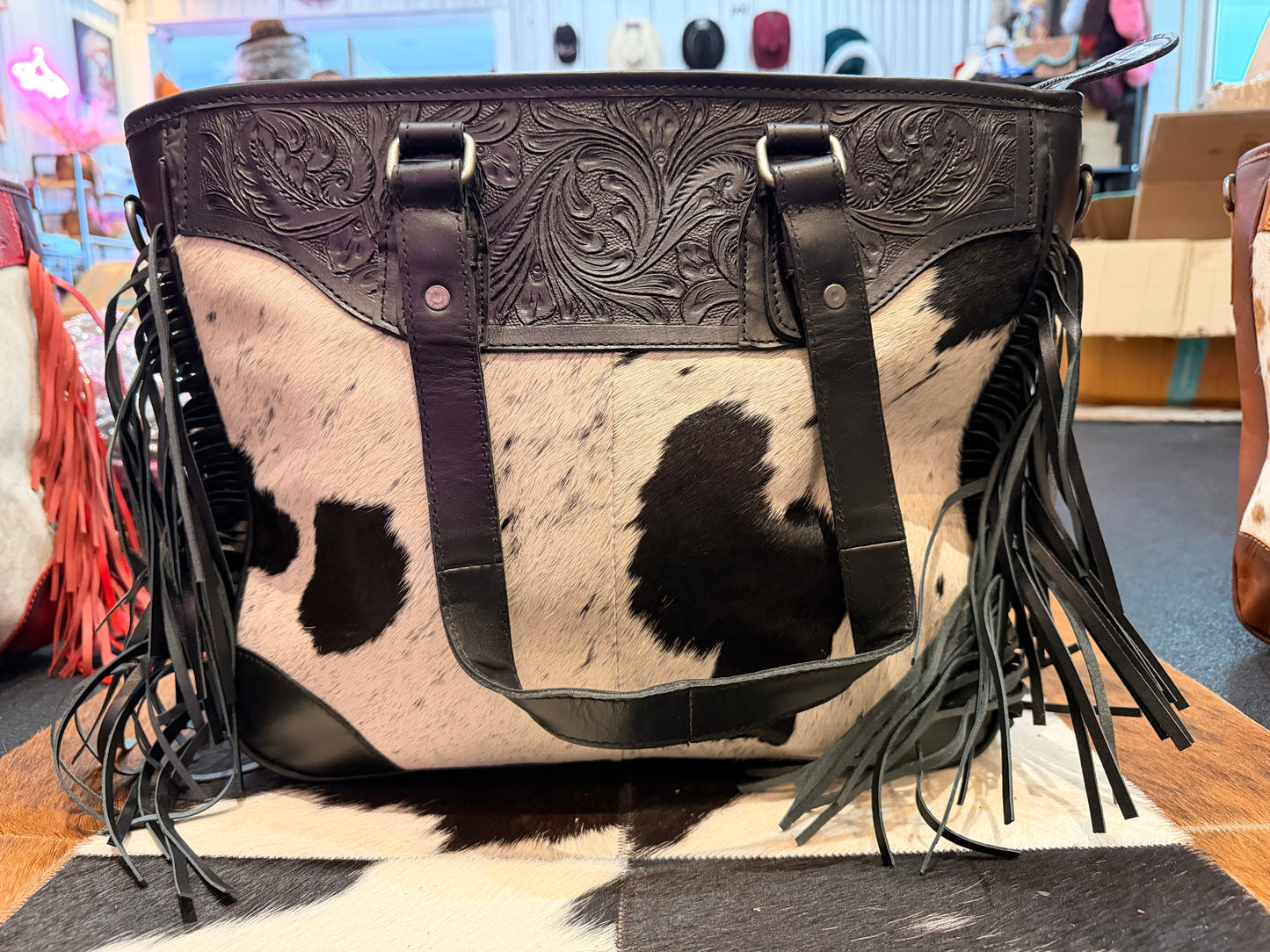 Handcrafted Western cowhide and tooled leather fringe tote bag (Black)