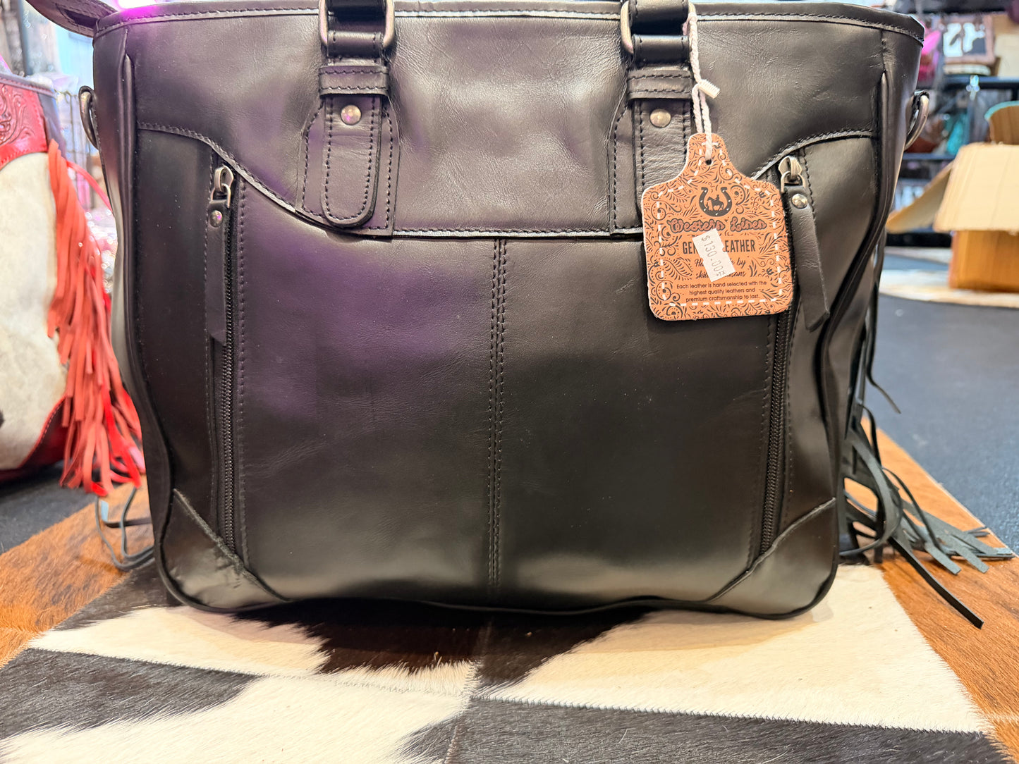Handcrafted Western cowhide and tooled leather fringe tote bag (Black)