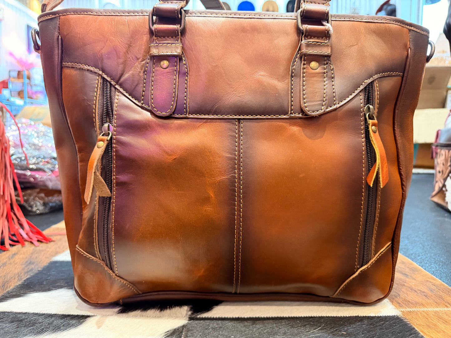 Handcrafted Western cowhide and tooled leather fringe tote bag (Brown)