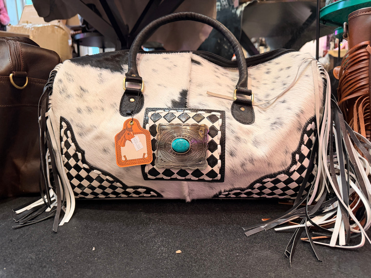 Genuine Leather and Cowhide Duffle Checkered Black and White