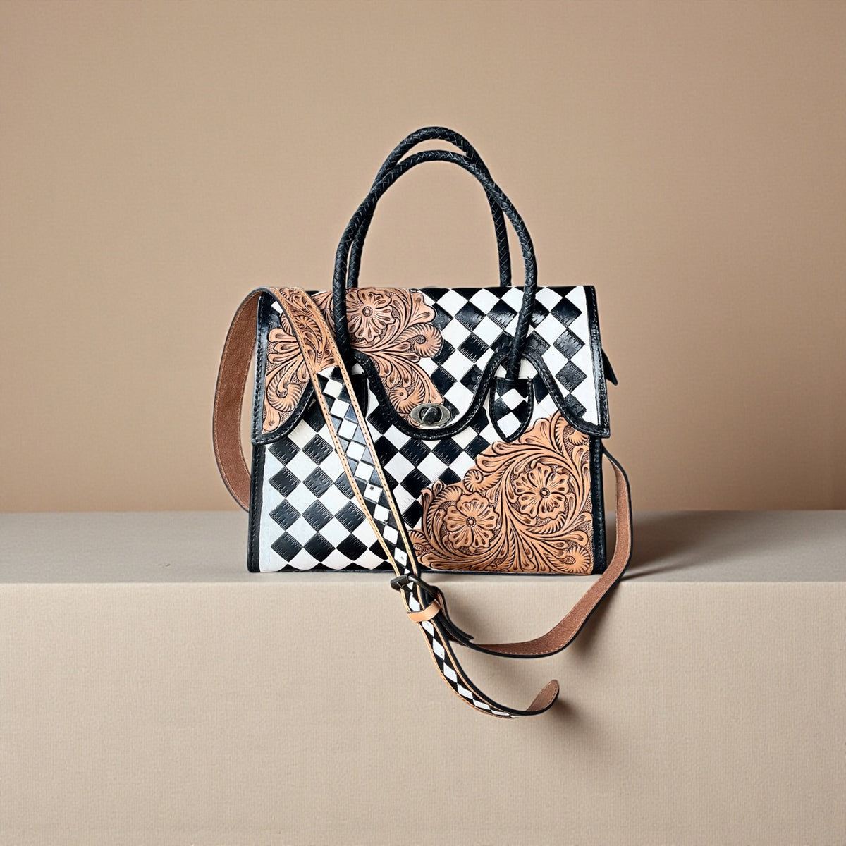 TOOLED LEATHER CHECKER CROSSBODY PURSE