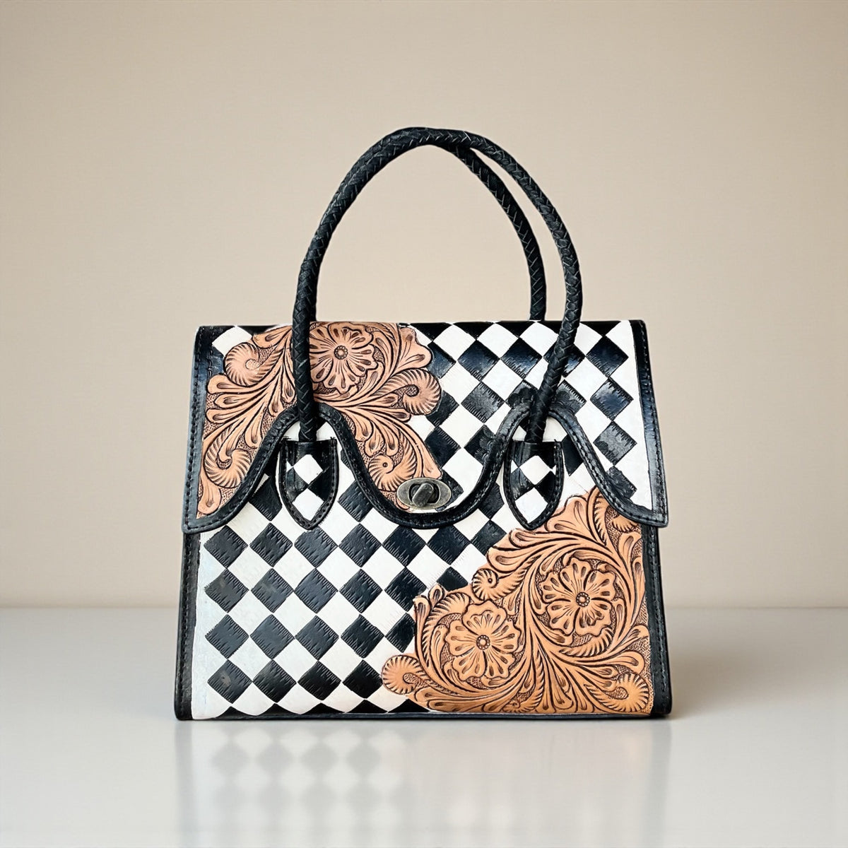 TOOLED LEATHER CHECKER CROSSBODY PURSE