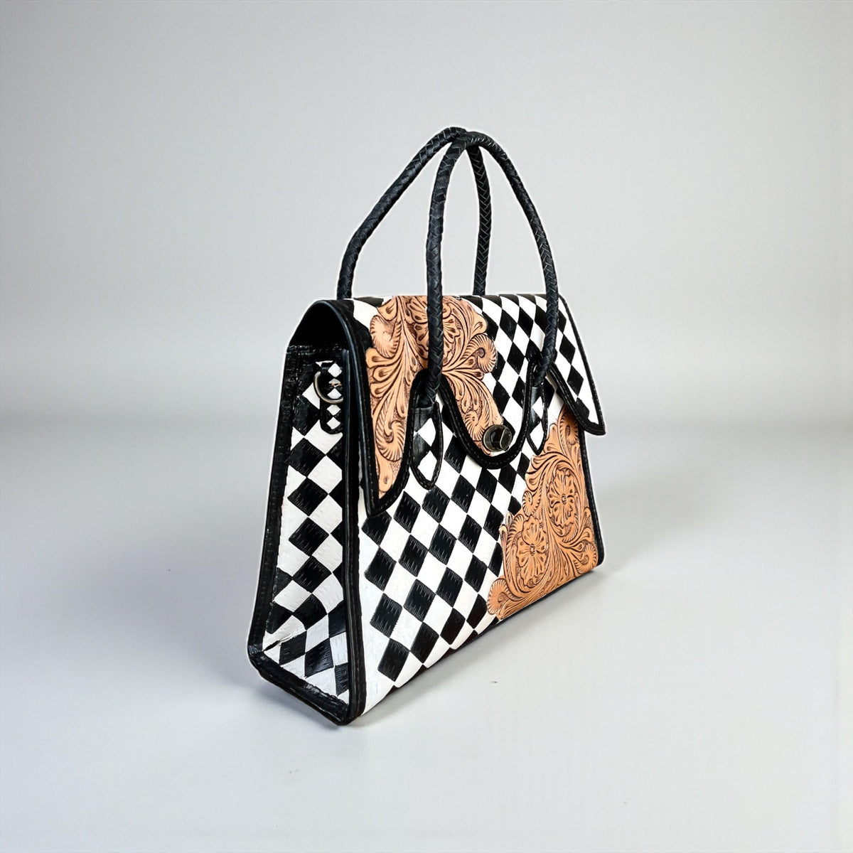 TOOLED LEATHER CHECKER CROSSBODY PURSE
